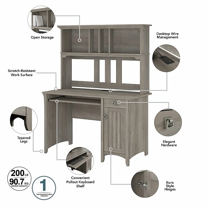 Bush Furniture Salinas 48" Computer Desk With Hutch, Driftwood Gray (MY72508-03) - Image 3