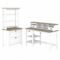 Bush Furniture Mayfield 54" Computer Desk With Shelves, Desktop Organizer, Lateral File, Hutch, Pure White/Gray (MAY007GW2)