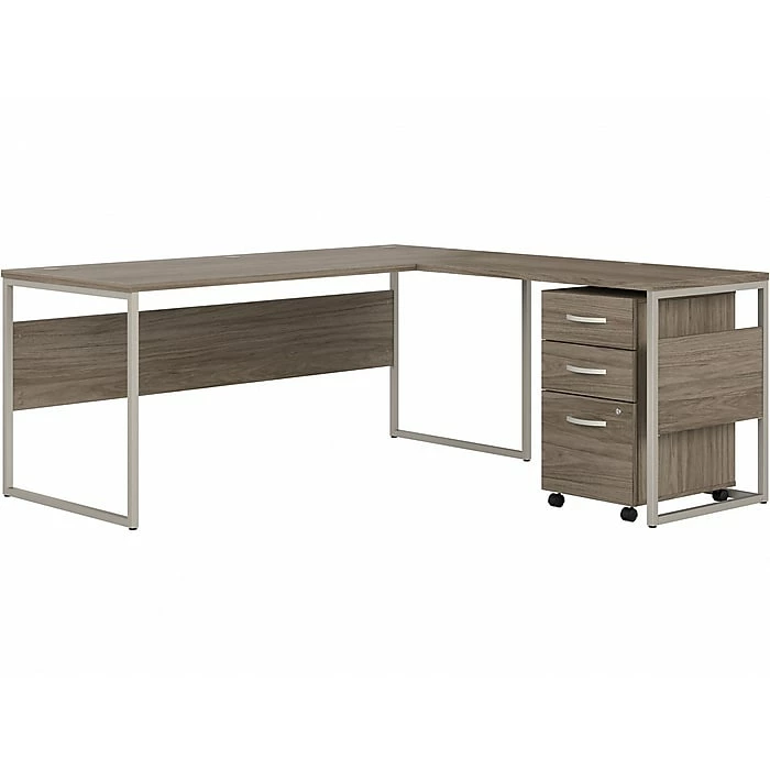 Bush Business Furniture Hybrid 72"W L-Shaped Table Desk With Mobile File Cabinet, Modern Hickory (HYB028MHSU)