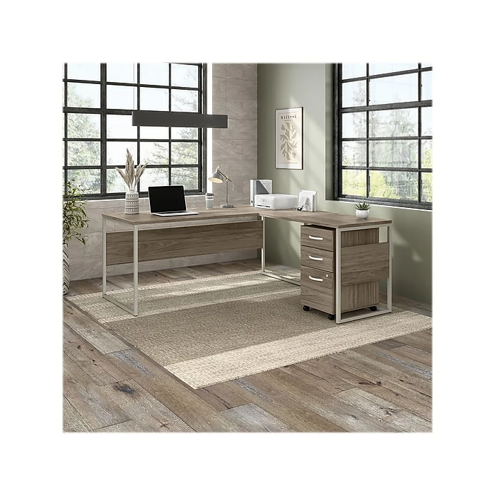 Bush Business Furniture Hybrid 72"W L-Shaped Table Desk With Mobile File Cabinet, Modern Hickory (HYB028MHSU) - Image 2
