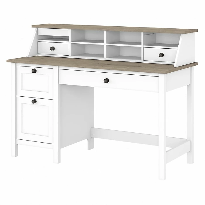Bush Furniture Mayfield 54" Computer Desk With Drawers And Desktop Organizer, Pure White/Shiplap Gray (MAY003GW2)