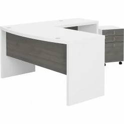 Office By Kathy Ireland® Echo 60"W L-Shaped Bow Front Desk With Mobile File Cabinet, Pure White/Modern Gray (ECH007WHMG)