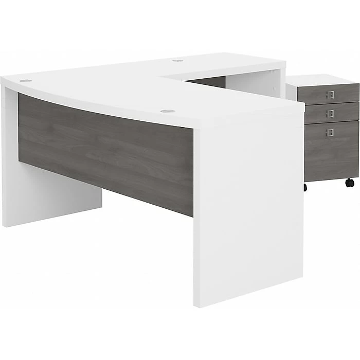 Office By Kathy Ireland® Echo 60"W L-Shaped Bow Front Desk With Mobile File Cabinet, Pure White/Modern Gray (ECH007WHMG)