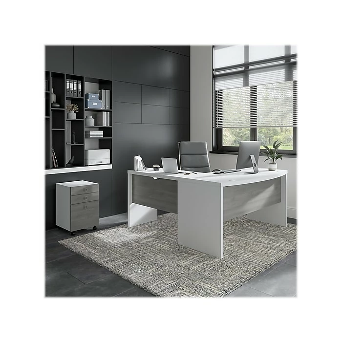 Office By Kathy Ireland® Echo 60"W L-Shaped Bow Front Desk With Mobile File Cabinet, Pure White/Modern Gray (ECH007WHMG) - Image 2