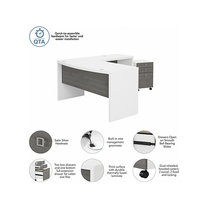 Office By Kathy Ireland® Echo 60"W L-Shaped Bow Front Desk With Mobile File Cabinet, Pure White/Modern Gray (ECH007WHMG) - Image 3