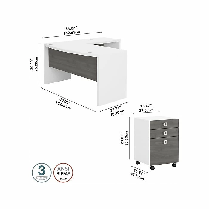 Office By Kathy Ireland® Echo 60"W L-Shaped Bow Front Desk With Mobile File Cabinet, Pure White/Modern Gray (ECH007WHMG) - Image 4