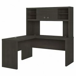 Office By Kathy Ireland® Echo 60"W L-Shaped Desk With Hutch, Charcoal Maple (ECH031CM)