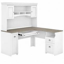 Bush Furniture Fairview 60" L-Shaped Desk With Hutch, Shiplap Gray/Pure White (FV004G2W)
