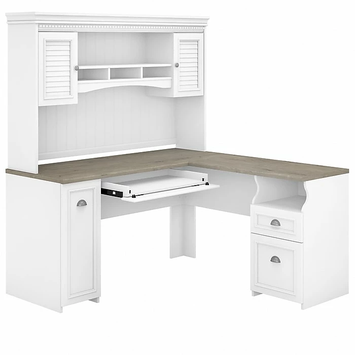 Bush Furniture Fairview 60" L-Shaped Desk With Hutch, Shiplap Gray/Pure White (FV004G2W)
