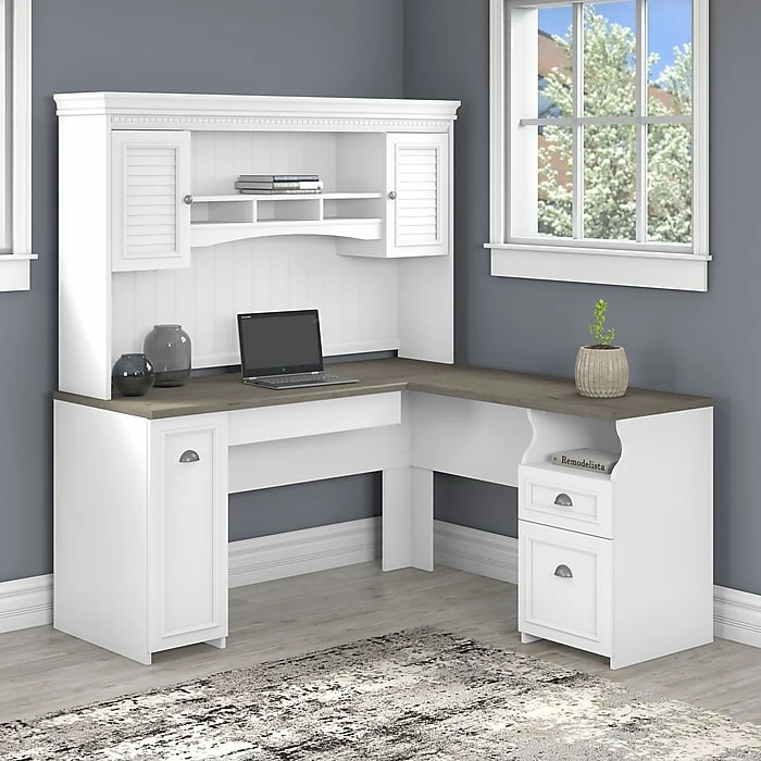 Bush Furniture Fairview 60" L-Shaped Desk With Hutch, Shiplap Gray/Pure White (FV004G2W) - Image 2