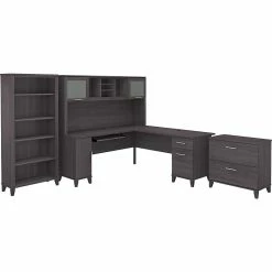 Bush Furniture Somerset 72"W L-Shaped Desk With Hutch, Lateral File Cabinet And Bookcase, Storm Gray (SET012SG)