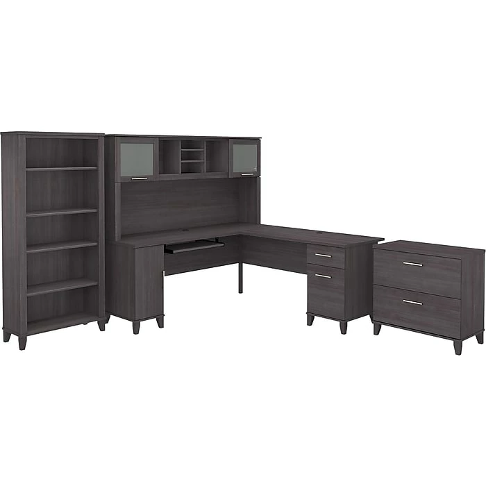 Bush Furniture Somerset 72"W L-Shaped Desk With Hutch, Lateral File Cabinet And Bookcase, Storm Gray (SET012SG)