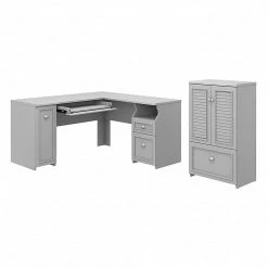 Bush Furniture Fairview 60" L-Shaped Desk With 2-Door Storage Cabinet With File Drawer, Cape Cod Gray (FV009CG)