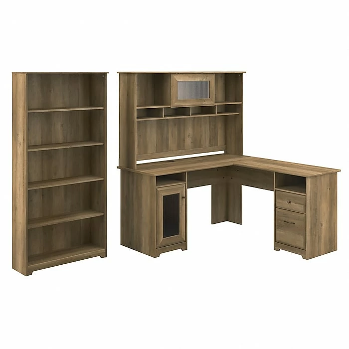 Bush Furniture Cabot 60"W L-Shaped Desk With Hutch And 5-Shelf Bookcase, Reclaimed Pine (CAB011RCP)