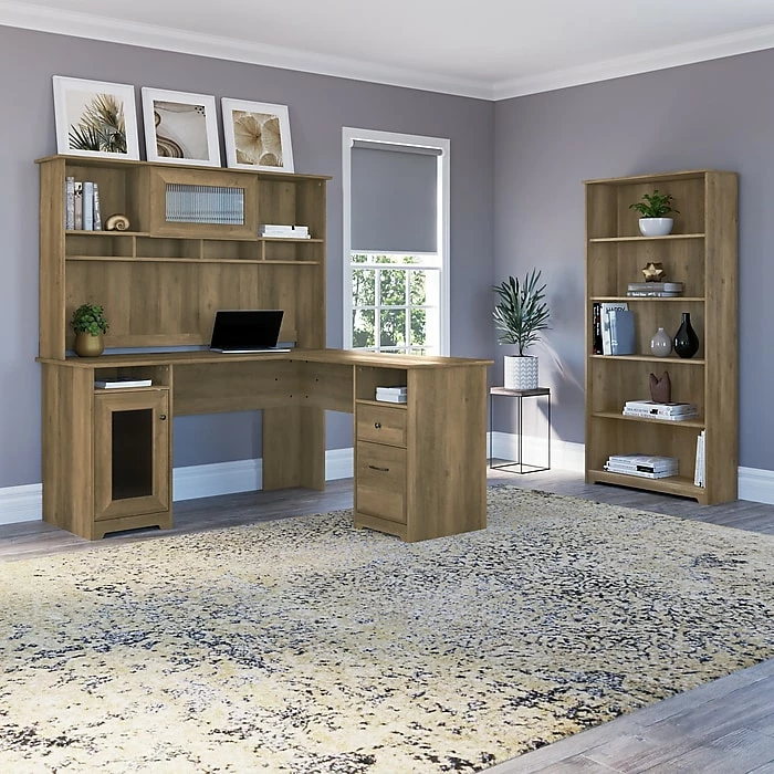 Bush Furniture Cabot 60"W L-Shaped Desk With Hutch And 5-Shelf Bookcase, Reclaimed Pine (CAB011RCP) - Image 2