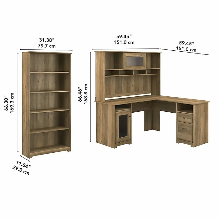 Bush Furniture Cabot 60"W L-Shaped Desk With Hutch And 5-Shelf Bookcase, Reclaimed Pine (CAB011RCP) - Image 6