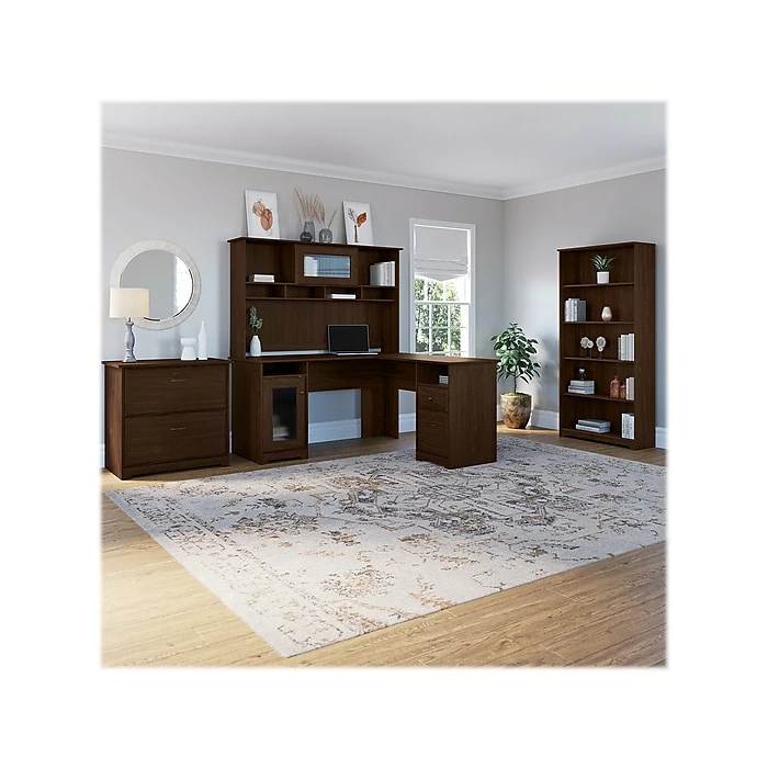 Bush Furniture Cabot 60" L-Shaped Desk With Hutch, 5-Shelf Bookcase, And Lateral File Cabinet, Modern Walnut (CAB010MW) - Image 2