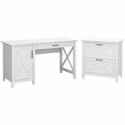 Bush Furniture Key West 54"W Computer Desk With Storage And 2 Drawer Lateral File Cabinet, Pure White Oak (KWS008WT)