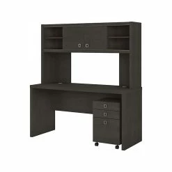Office By Kathy Ireland® Echo 60"W Credenza Desk With Hutch And Mobile File Cabinet, Charcoal Maple (ECH006CM)