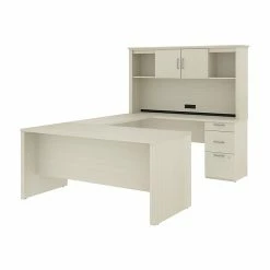 Bestar Logan 66W U Or L-Shaped Executive Office Desk With Pedestal And Hutch, White Chocolate (46410-31)
