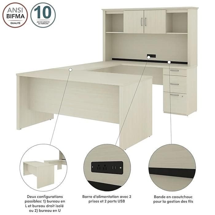 Bestar Logan 66W U Or L-Shaped Executive Office Desk With Pedestal And Hutch, White Chocolate (46410-31) - Image 6