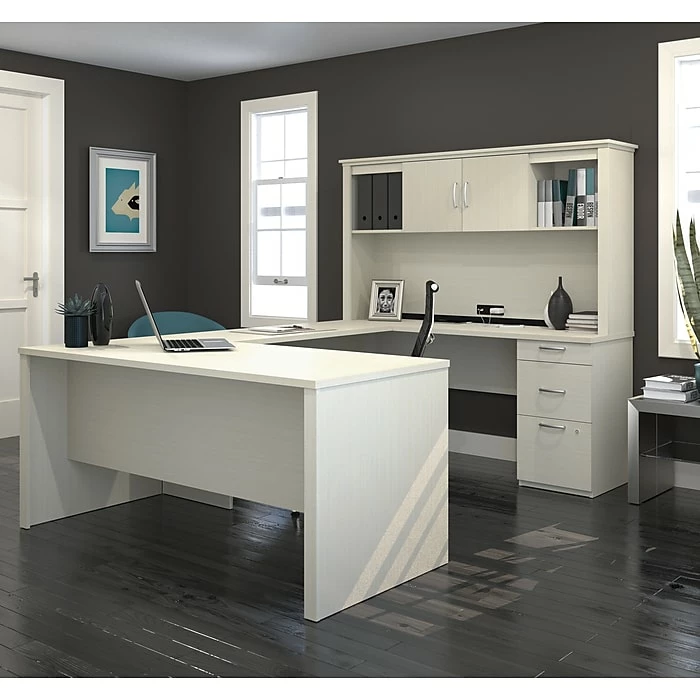 Bestar Logan 66W U Or L-Shaped Executive Office Desk With Pedestal And Hutch, White Chocolate (46410-31) - Image 7