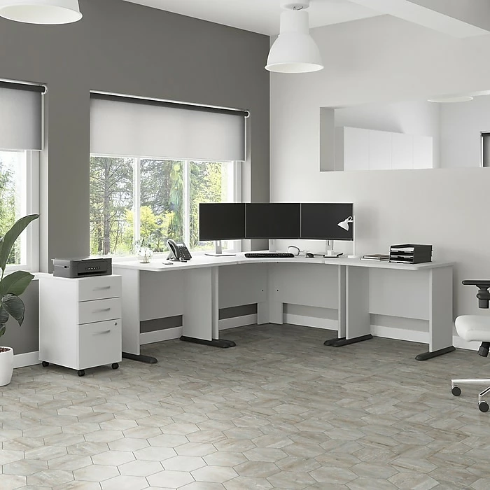 Bush Business Furniture Studio A 83"W Corner Computer Desk With 3-Drawer Mobile File Cabinet, White (STA003WHSU) - Image 2