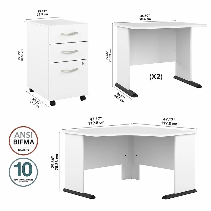 Bush Business Furniture Studio A 83"W Corner Computer Desk With 3-Drawer Mobile File Cabinet, White (STA003WHSU) - Image 6