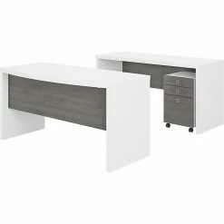 Office By Kathy Ireland® Office By Kathy Ireland Echo 60"W Bow Front Desk With Credenza And Mobile File Cabinet, Pure White/Modern Gray (ECH010WHMG)