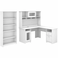 Bush Furniture Cabot 60" L-Shaped Desk With Hutch And 5-Shelf Bookcase, White (CAB011WHN)