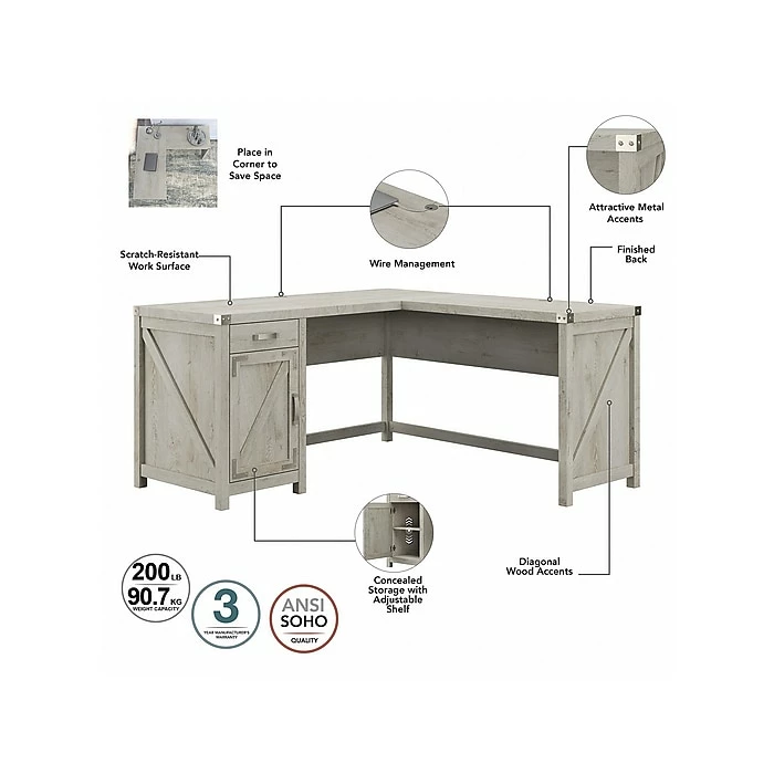 Kathy Ireland® Home By Bush Furniture Cottage Grove 60" L-Shaped Desk With Storage, Cottage White (CGR005CWH) - Image 3