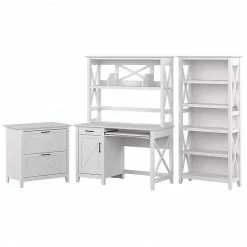 Bush Furniture Key West 48" Computer Desk With Bookcase And Lateral File Cabinet, Washed Gray Bundle (KWS051WT)
