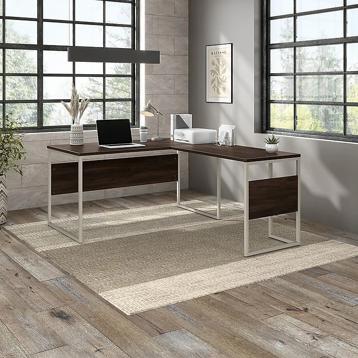 Bush Business Furniture Hybrid 60"W L-Shaped Table Desk With Metal Legs, Black Walnut (HYB027BW) - Image 2