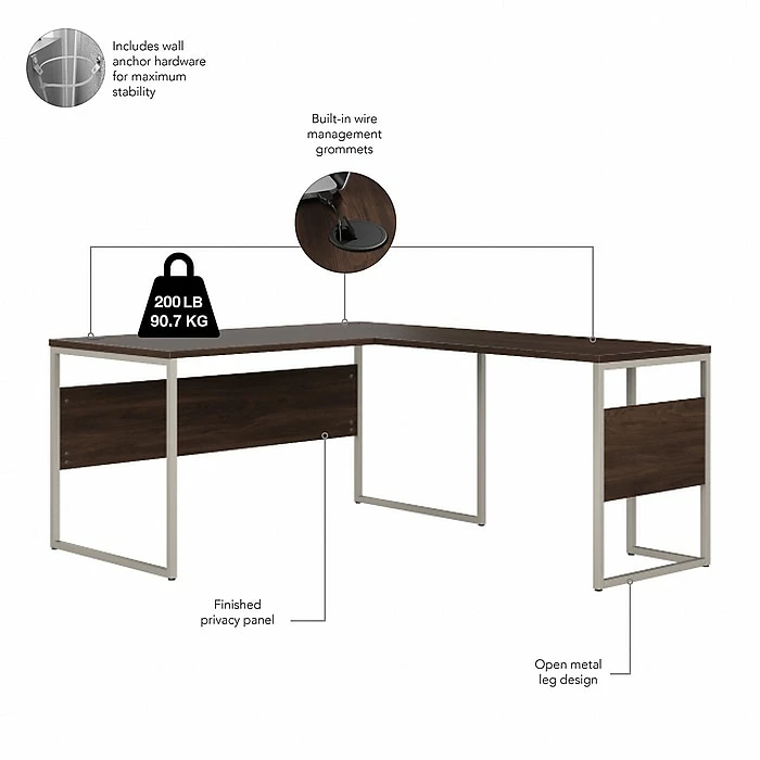 Bush Business Furniture Hybrid 60"W L-Shaped Table Desk With Metal Legs, Black Walnut (HYB027BW) - Image 3