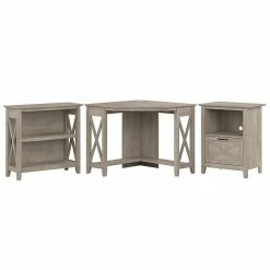 Bush Furniture Key West 34" Corner Desk With Bookcase And Lateral File Cabinet Bundle, Washed Gray (KWS050WG)