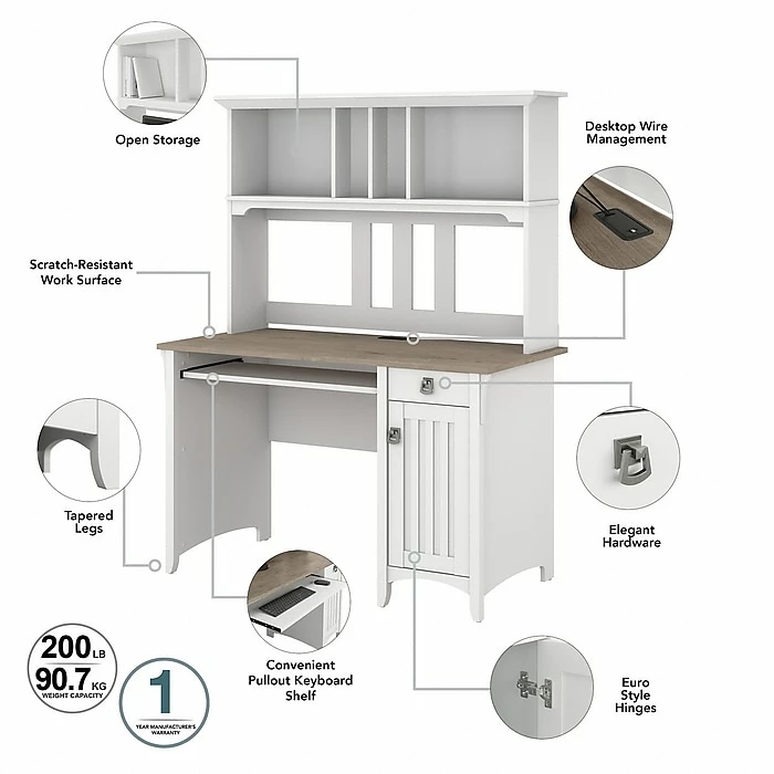 Bush Furniture Salinas 48" Computer Desk With Hutch, Shiplap Gray/Pure White (MY72808-03) - Image 3