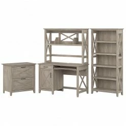 Bush Furniture Key West 48" Computer Desk With Bookcase And Lateral File Cabinet Bundle, Washed Gray (KWS051WG)