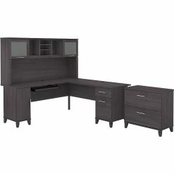 Bush Furniture Somerset 72"W L-Shaped Desk With Hutch And Lateral File Cabinet, Storm Gray (SET009SG)