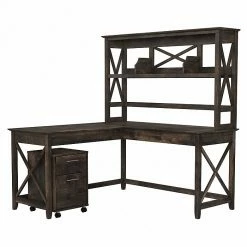 Bush Furniture Key West 60" L-Shaped Desk And Mobile 2-Drawer File Cabinet, Dark Gray Hickory (KWS049GH)