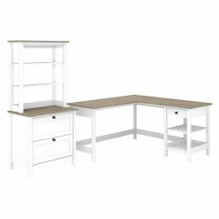 Bush Furniture Mayfield 60" L-Shaped Computer Desk With Lateral File Cabinet And Hutch, Pure White/Shiplap Gray (MAY015GW2)