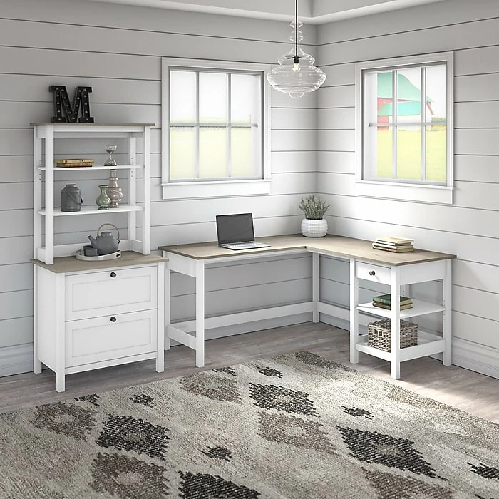 Bush Furniture Mayfield 60" L-Shaped Computer Desk With Lateral File Cabinet And Hutch, Pure White/Shiplap Gray (MAY015GW2) - Image 2