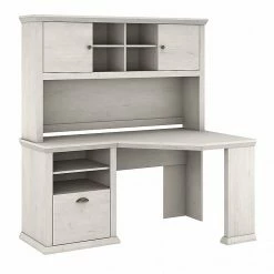 Bush Furniture Yorktown 60" Corner Desk With Hutch, Linen White Oak (YRK008LW)