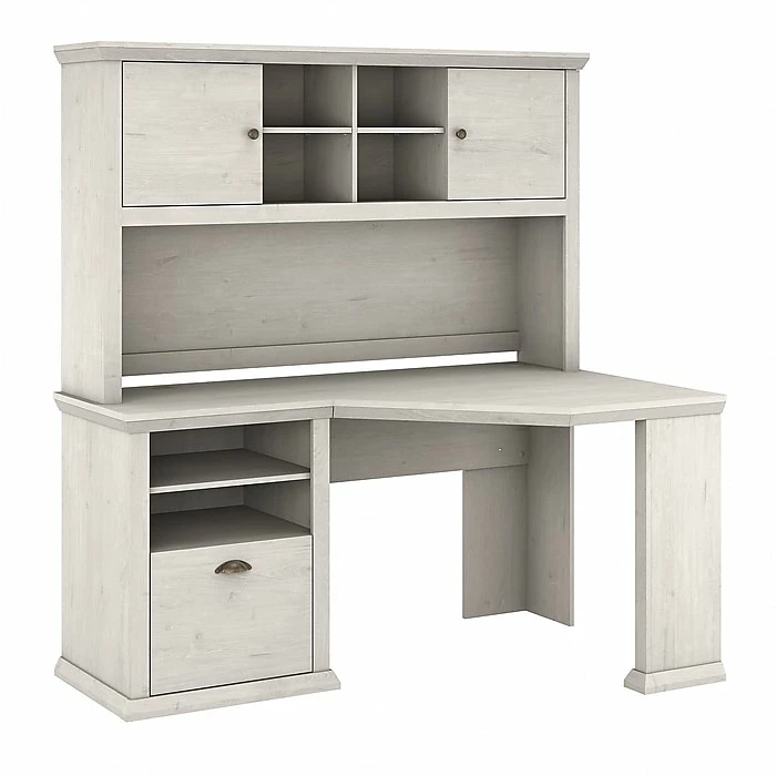 Bush Furniture Yorktown 60" Corner Desk With Hutch, Linen White Oak (YRK008LW)