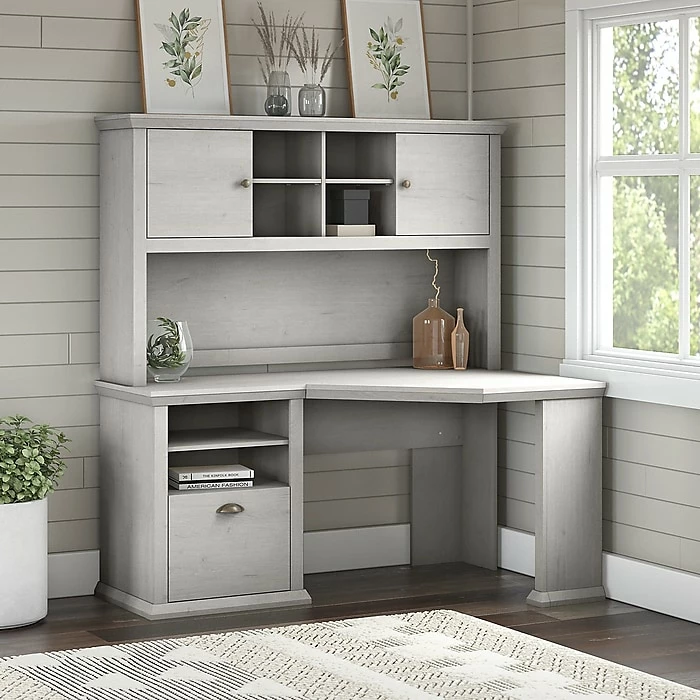 Bush Furniture Yorktown 60" Corner Desk With Hutch, Linen White Oak (YRK008LW) - Image 2