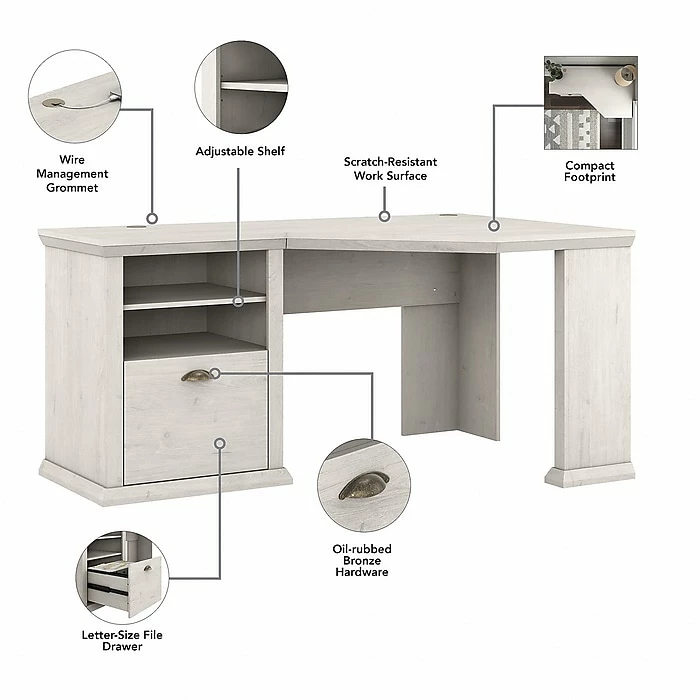 Bush Furniture Yorktown 60" Corner Desk With Hutch, Linen White Oak (YRK008LW) - Image 3