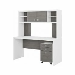 Office By Kathy Ireland® Echo 60"W Credenza Desk With Hutch And Mobile File Cabinet, Pure White/Modern Gray (ECH006WHMG)