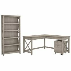 Bush Furniture Key West 60W L Shaped Desk With Mobile File Cabinet And 5 Shelf Bookcase, Washed Gray (KWS016WG)