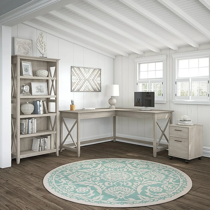 Bush Furniture Key West 60W L Shaped Desk With Mobile File Cabinet And 5 Shelf Bookcase, Washed Gray (KWS016WG) - Image 2