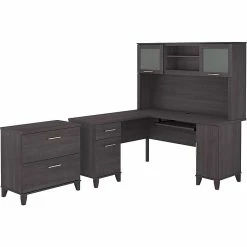 Bush Furniture Somerset 60"W L-Shaped Desk With Hutch And Lateral File Cabinet, Storm Gray (SET008SG)