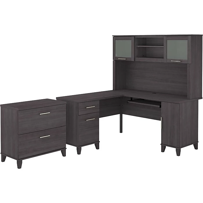 Bush Furniture Somerset 60"W L-Shaped Desk With Hutch And Lateral File Cabinet, Storm Gray (SET008SG)